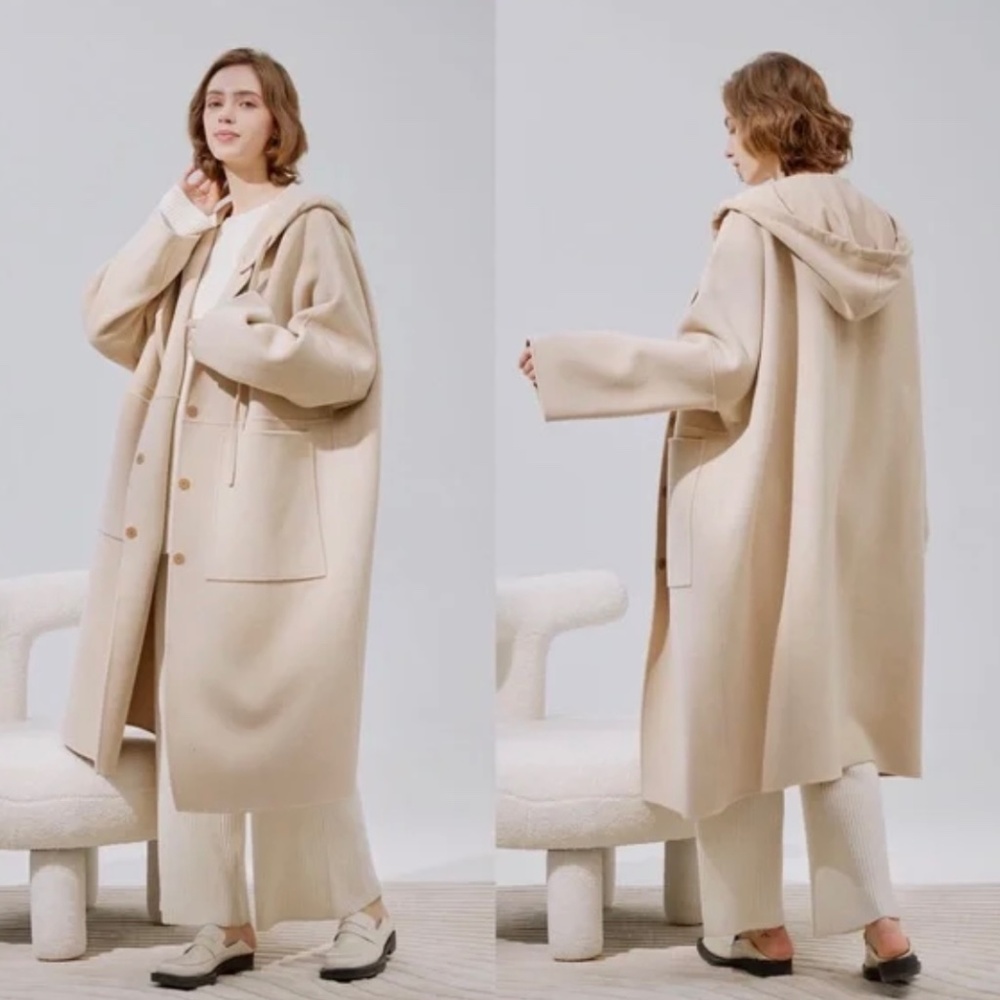 Nap Loungewear • Ana Hooded Wool-Cashmere Coat oversized Cream beige